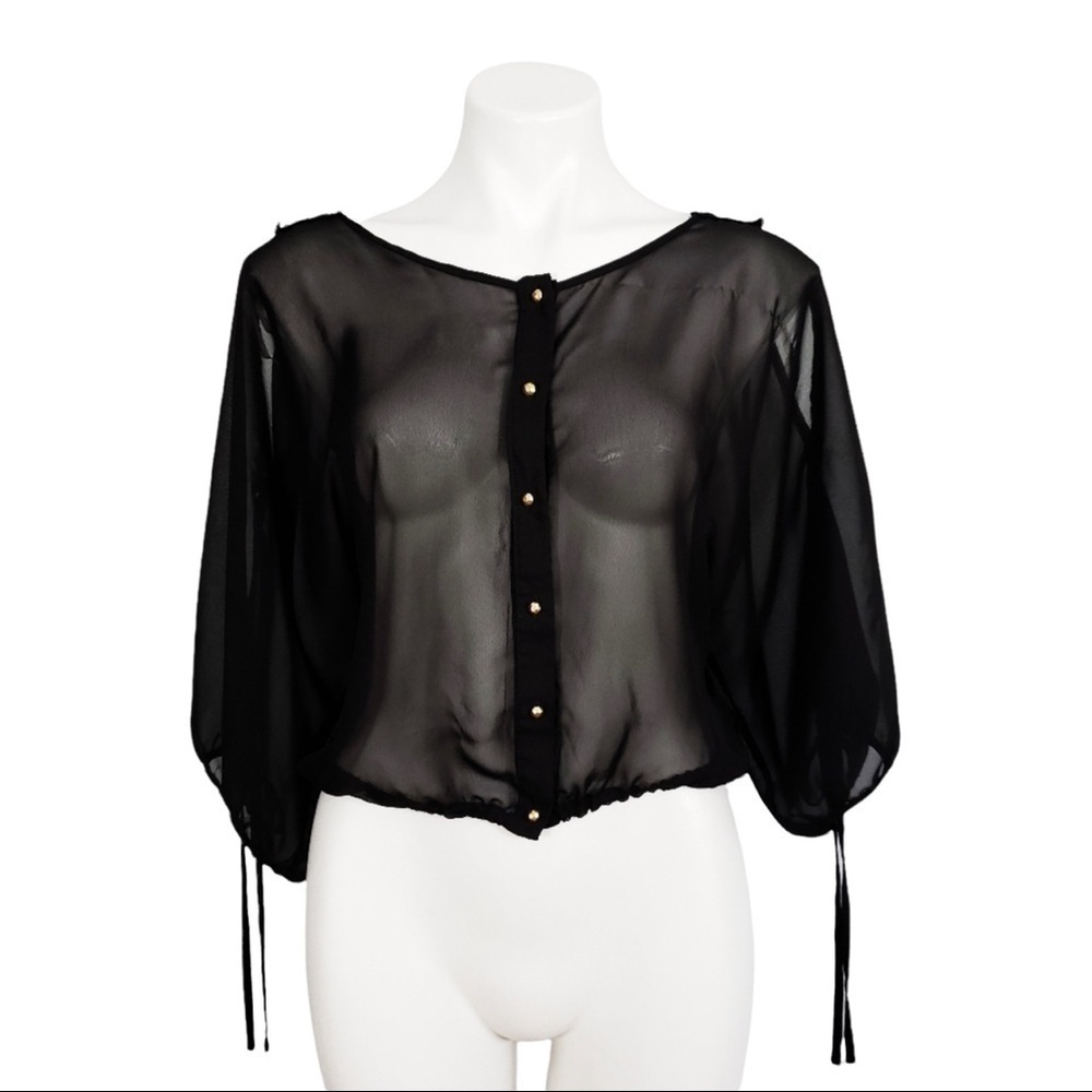 Bongo Black Sheer Mesh Gold Stud Button Down Tie Sleeve Crop Top Blouse Large L